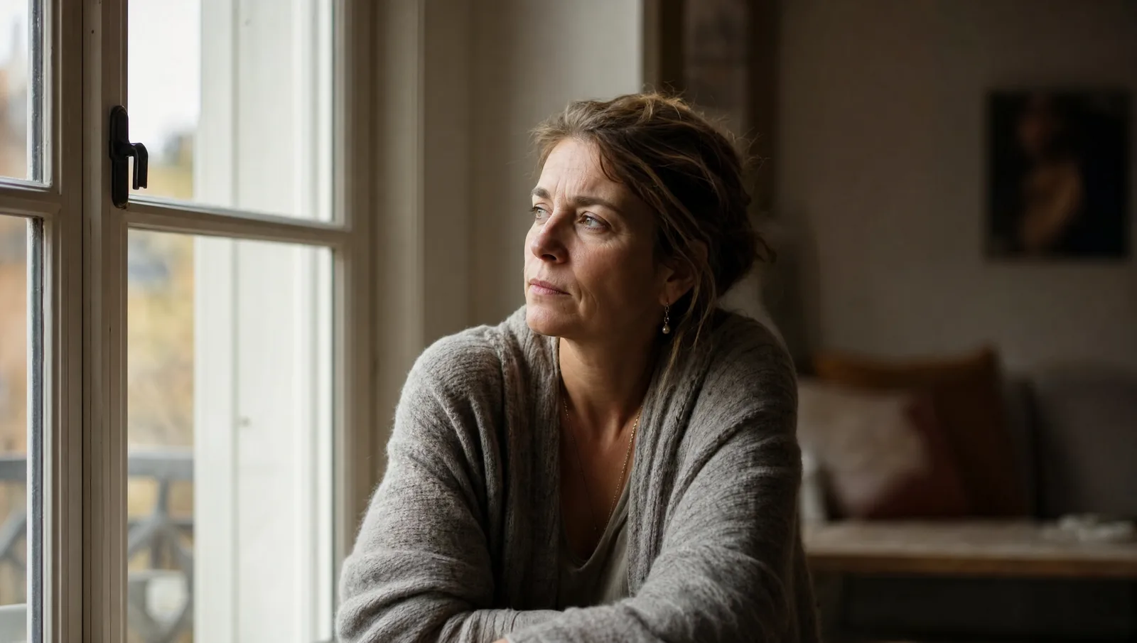 Woman in her forties sitting by a window in soft morning light, looking thoughtful, representing perimenopause anxiety and mood changes