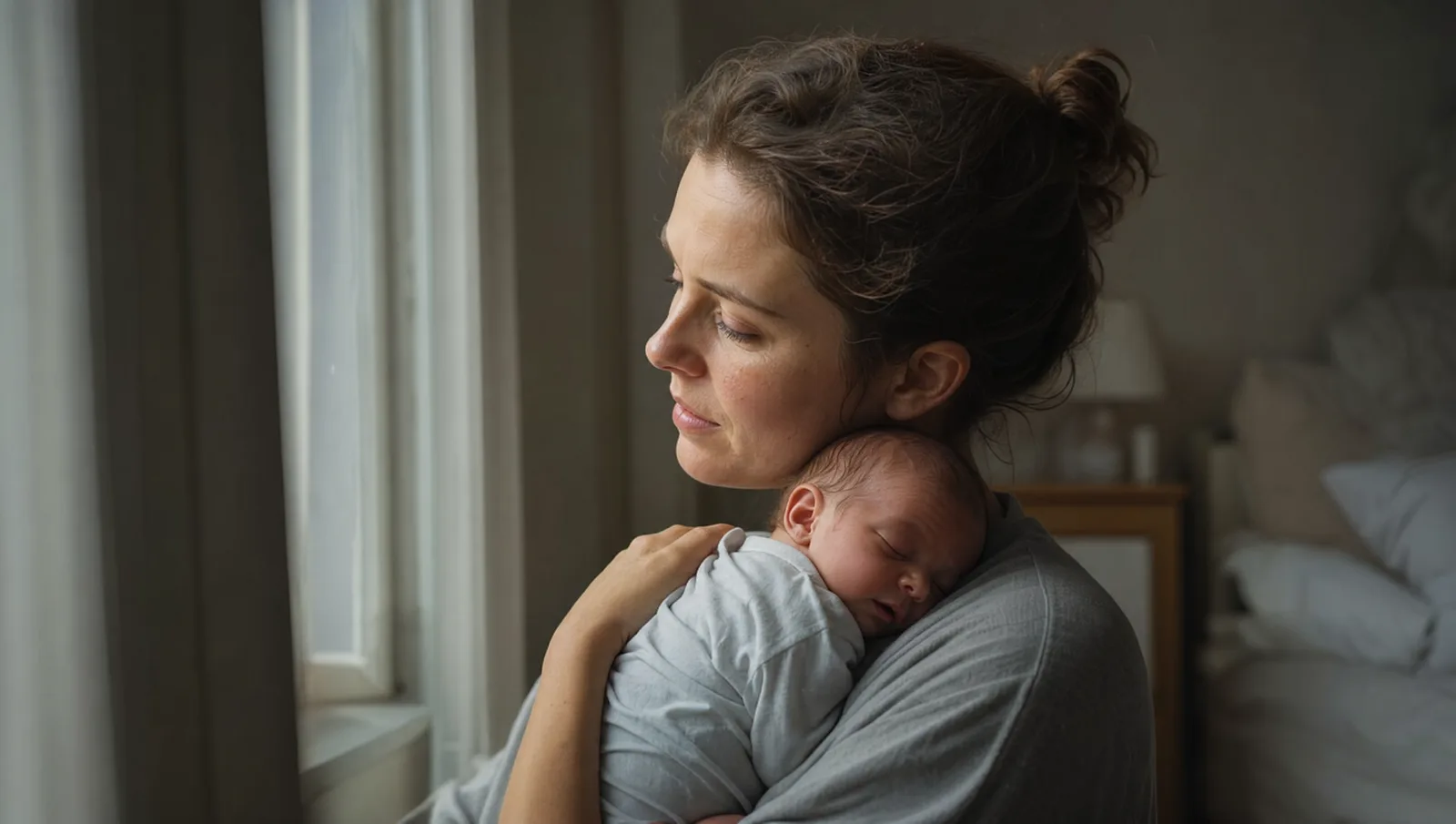 New mother holding her baby by a window in soft natural light, looking tired and contemplative, representing postpartum anxiety and matrescence