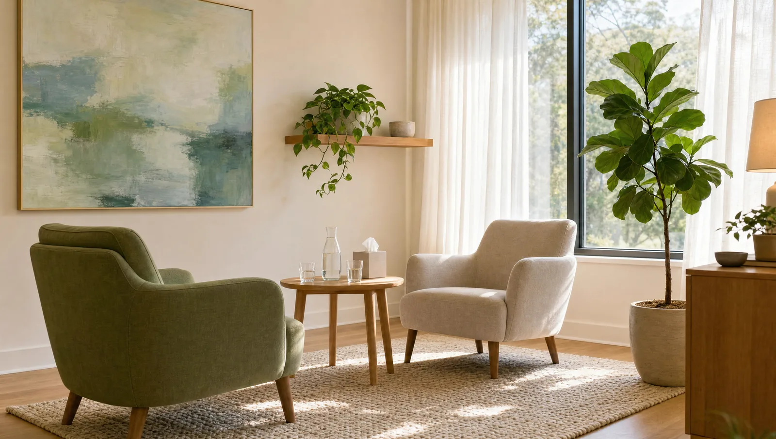 Bright, calm therapy room with two armchairs angled toward each other, a small table with water and tissues, plants, and natural light