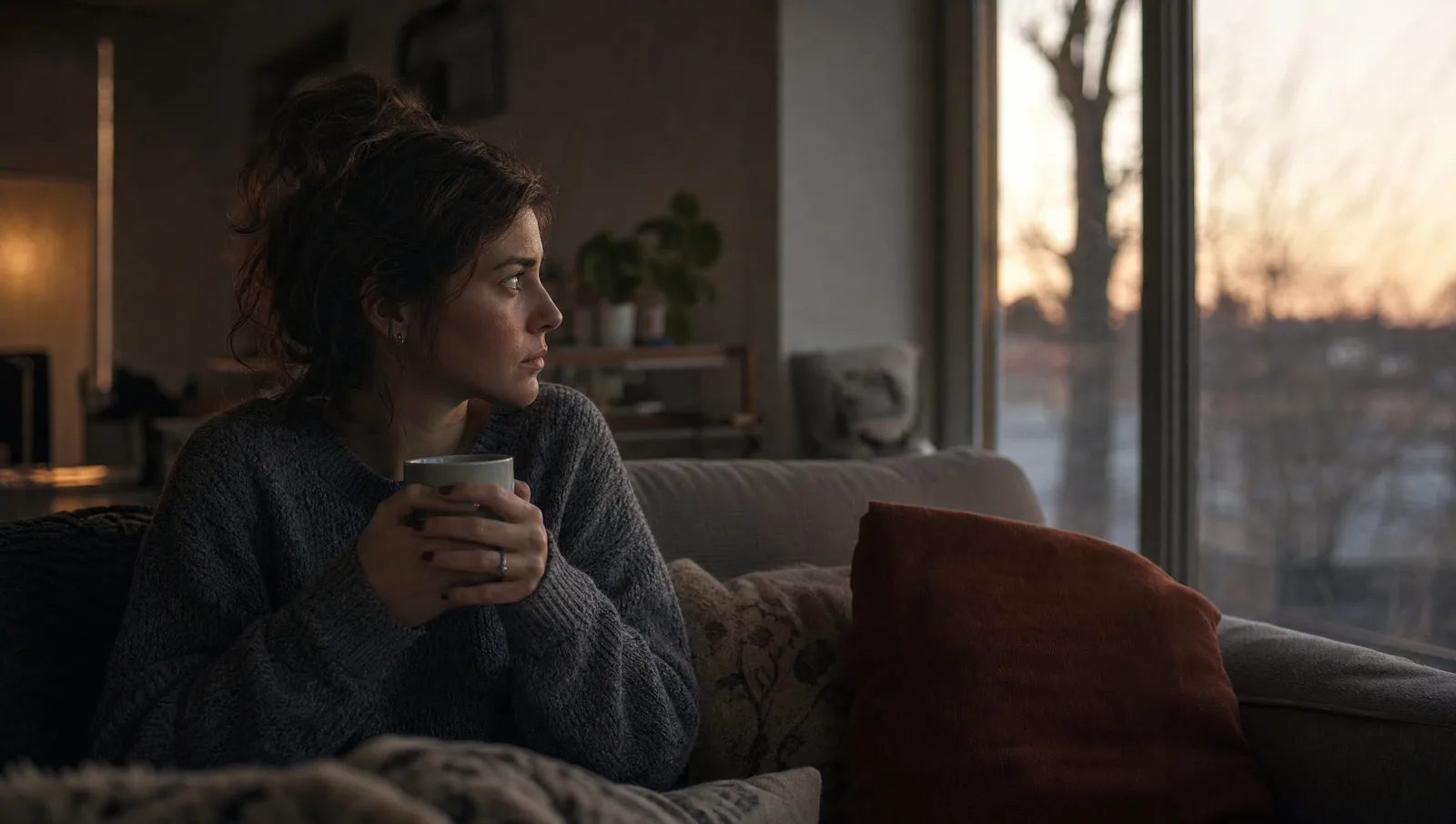 Person sitting on a couch on Sunday evening with a cup of tea as the light fades, looking apprehensive about the week ahead